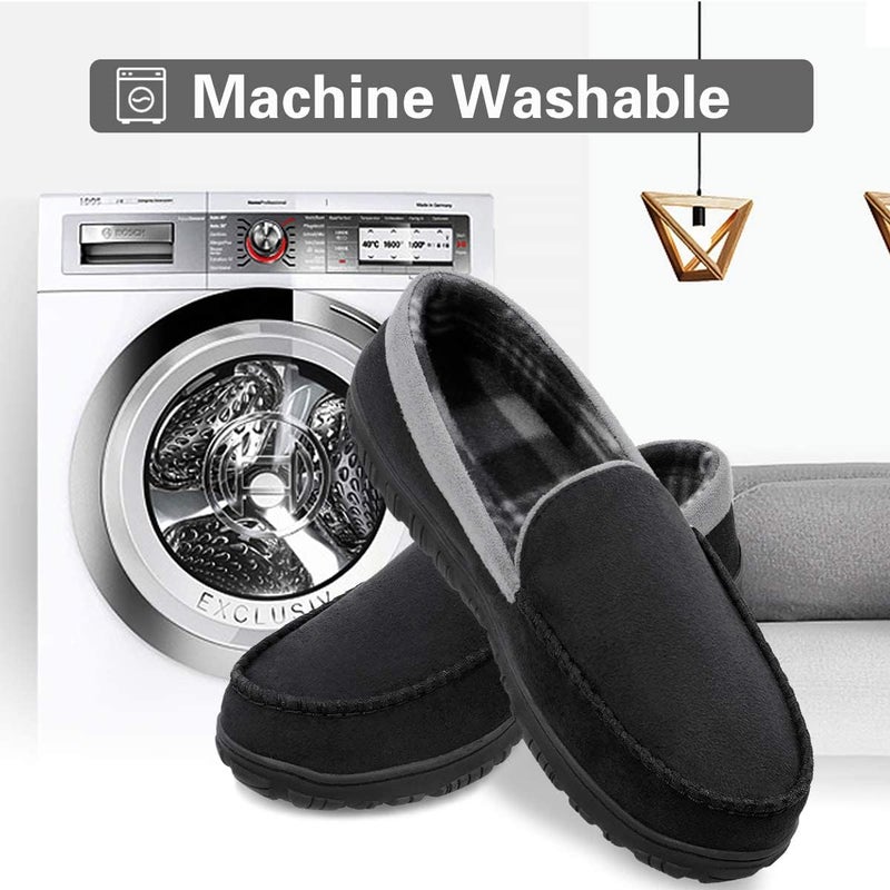 shoeslocker Men's Moccasin Slippers, Indoor Outdoor House Shoes with Memory Foam, Black Grey Size 12 - Image 5